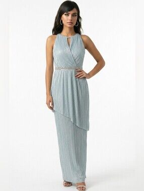 R&M Richards Silver-Blue Pleated Halter Maxi Gown